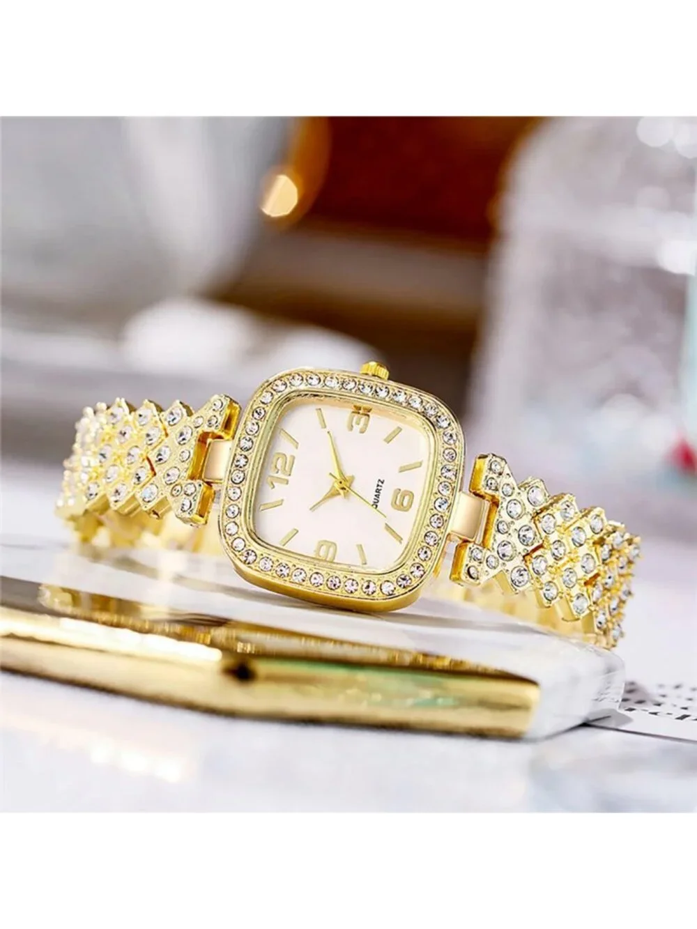 Women's Gold Fashion Luxury Vintage Diamond Square Digital Dial Quartz Watches